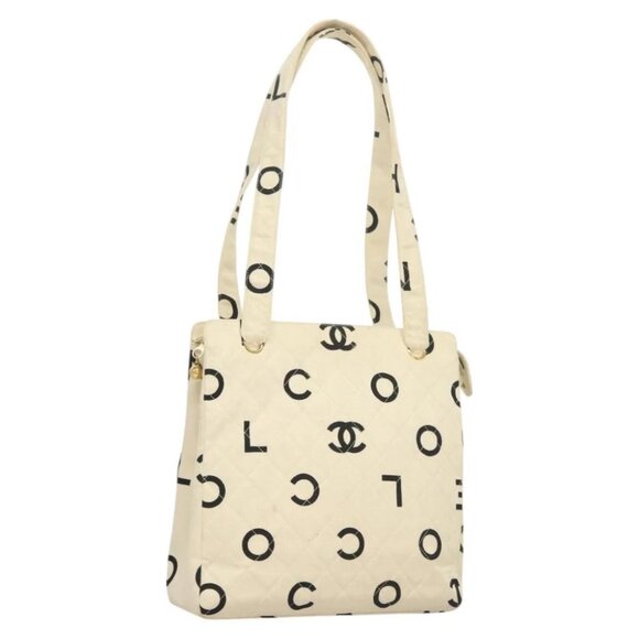 CHANEL Tote Bag Canvas White Gold CC Auth - Picture 1 of 16